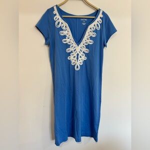 Lilly Pulitzer V-Neck Tshirt Midi Dress, White Cord, Simple Blue, Cotton,Medium